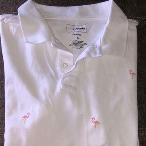 Men’s small white collar short sleeve w/flamingos